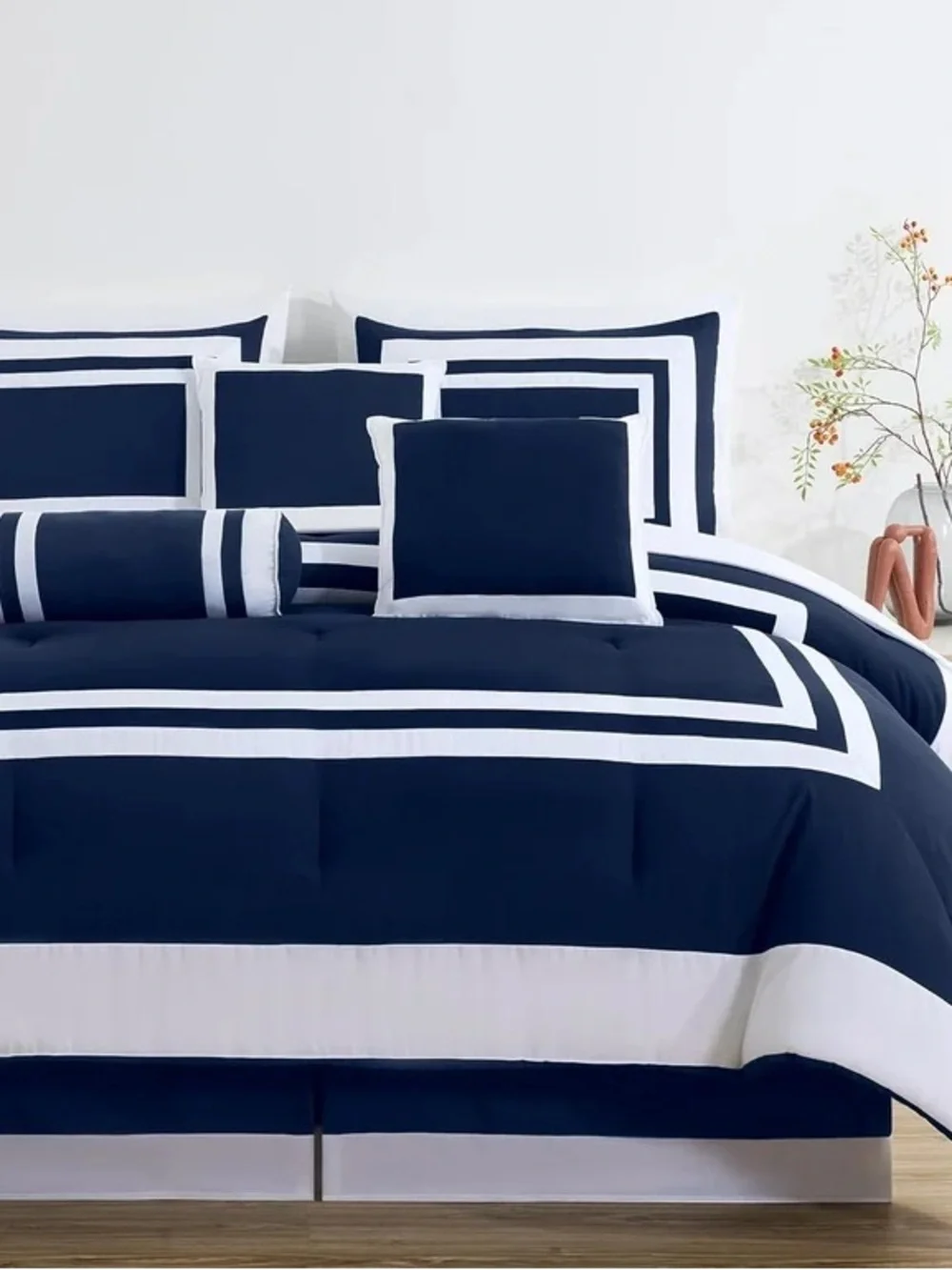 King 3 piece navy blue and white 3 piece comforter set